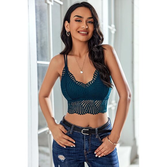 Women's Peacock Blue-1 Lace Camisole Double-layered V-neck Sexy Bralete Crop Top - Picture 3 of 5